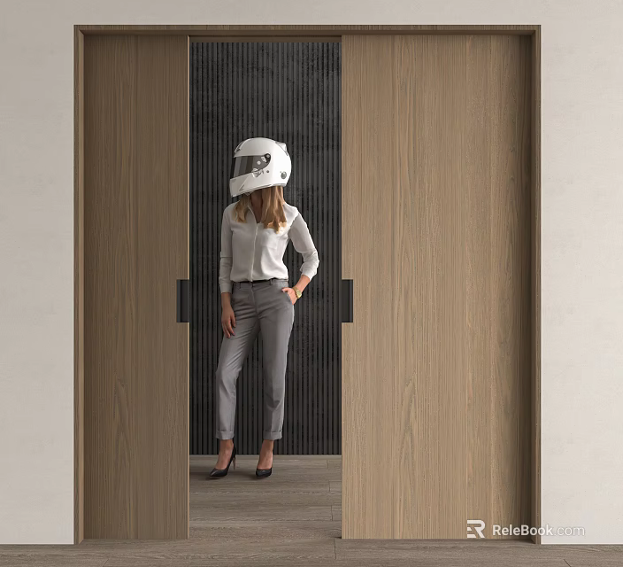 Modern Wooden Sliding Door Interior Design With Vertical Black Panels 3d model 
