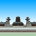 Ancient Chinese Architectural Complex With Pagoda Courtyard And Lakeside View 3d model