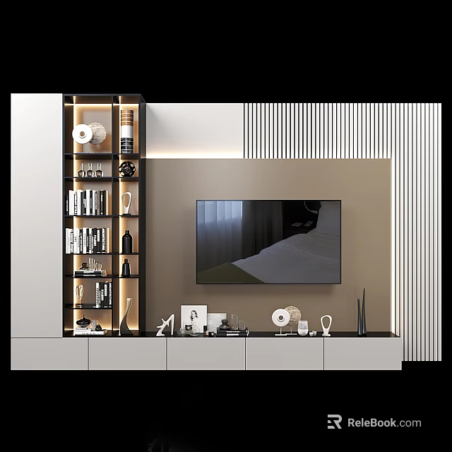Modern TV Background Cabinet With LED Strip Lights Storage Shelves And Decorative Ornaments 3d model 