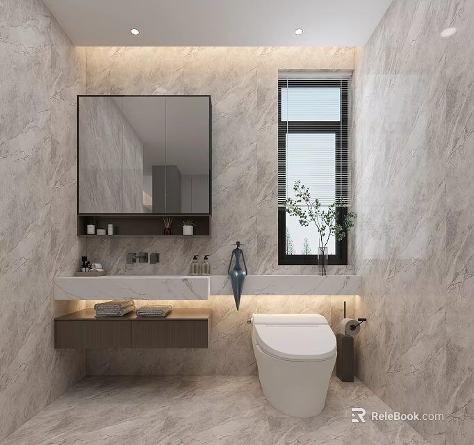 Elegant Modern Bathroom With Natural Marble Walls Smart Toilet And Floating Vanity Cabinet Design 3d model 