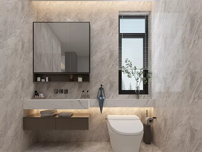 Elegant Modern Bathroom With Natural Marble Walls Smart Toilet And Floating Vanity Cabinet Design 3d model