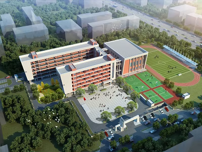 Multi story School Building With Red White Facade Playground Football Field And Green Trees 3d model