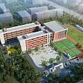 Multi story School Building With Red White Facade Playground Football Field And Green Trees