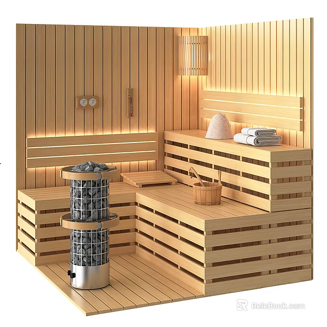 Wooden Sauna Interior With Heater Stones Wooden Benches Towels Bucket And Warm Lighting 3d model 