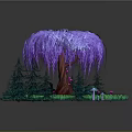Enchanted Forest Scene With Purple Willow Tree Green Pine Trees Grass Mushrooms And Small Flowers