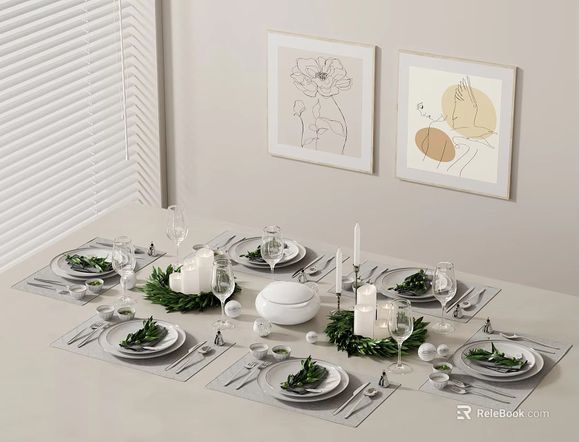 Decorative Ornament Set for Dining Table with Greenery Candle Plates and Glasses 3d model 