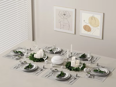 Decorative Ornament Set for Dining Table with Greenery Candle Plates and Glasses 3d model