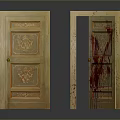 Vintage Wooden Doors With Carved Patterns And Open Door Showing Bloodstains