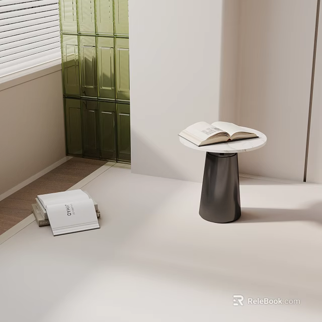 Modern Side Table With White Top Black Base Open Book And Green Glass Partition 3d model 