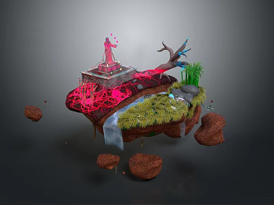 Scenic Natural Landscape With Lush Green Grass Scattered Rocks And Flowing Water Plants 3d model