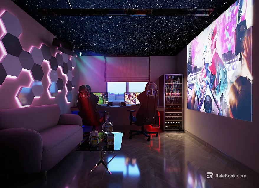 Cozy Entertainment Room With Starry Ceiling Hexagonal Accent Wall And Large Projection Screen 3d model