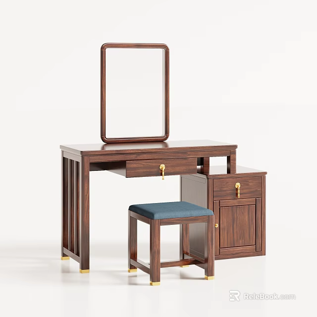 Elegant Wooden Dressing Table With Rectangular Mirror Drawer And Cabinet Storage And Blue Cushioned Stool 3d model