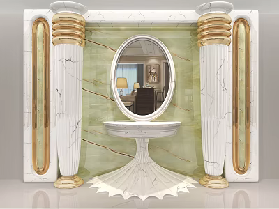 Luxurious Background Wall with Green White Marble Texture White Columns Golden Decor and Oval Mirror 3d model