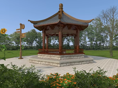 Traditional Chinese Style Pavilion In Garden With Green Grass Trees And Sunflower 3d model