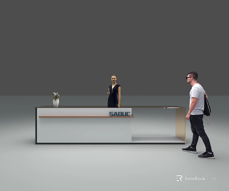 Modern Reception Desk With SABINE Sign Vase And Standing Man Model 3d model 