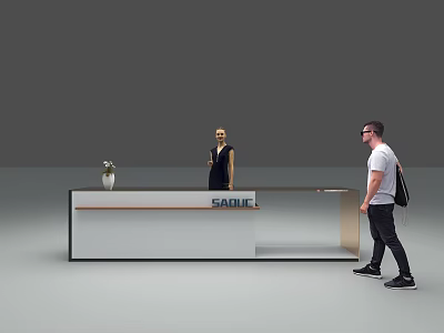 Modern Reception Desk With SABINE Sign Vase And Standing Man Model 3d model
