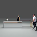 Modern Reception Desk With SABINE Sign Vase And Standing Man Model
