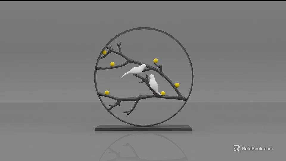 Modern Decorative Ornament Set With Circular Frame Branches Yellow Fruits White Birds And Black Base 3d model 