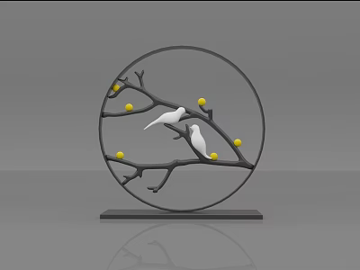 Modern Decorative Ornament Set With Circular Frame Branches Yellow Fruits White Birds And Black Base 3d model