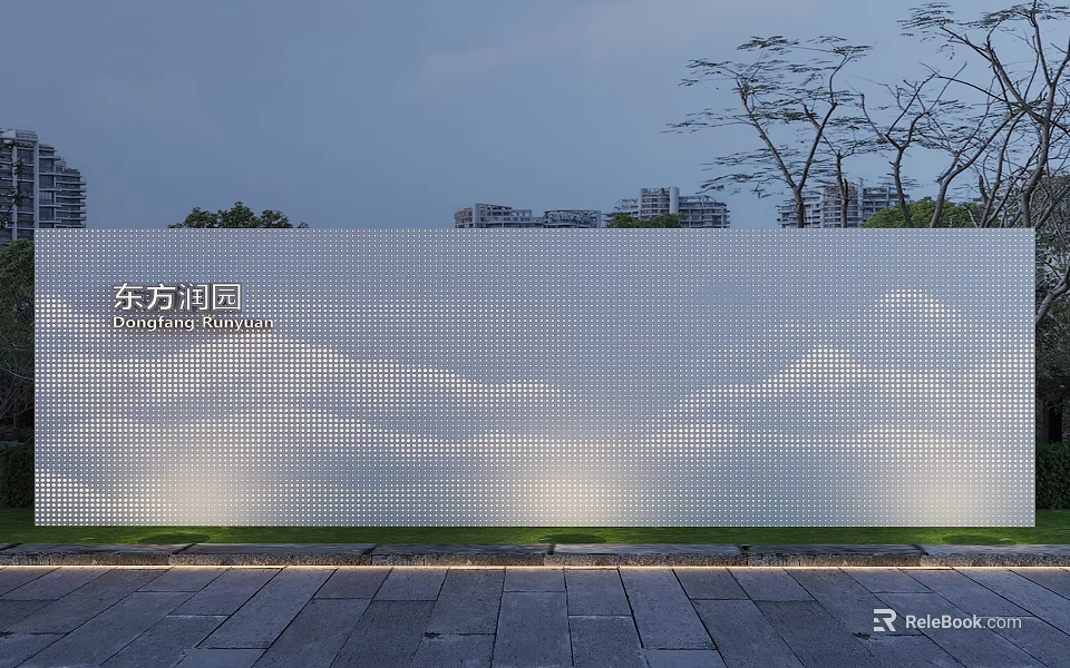 White Grid Patterned Scenic Wall at Oriental Runyuan with Cloud Patterns Trees and Stone Pavement 3d model 