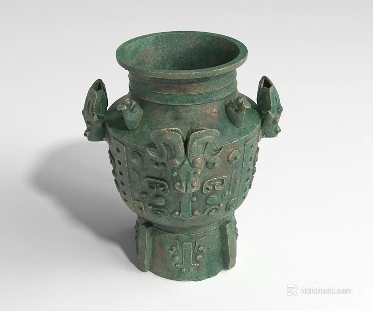 Green Bronze Landscape Sculpture With Double Handles And Intricate Traditional Carvings 3d model 