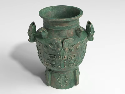 Green Bronze Landscape Sculpture With Double Handles And Intricate Traditional Carvings 3d model