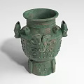 Green Bronze Landscape Sculpture With Double Handles And Intricate Traditional Carvings