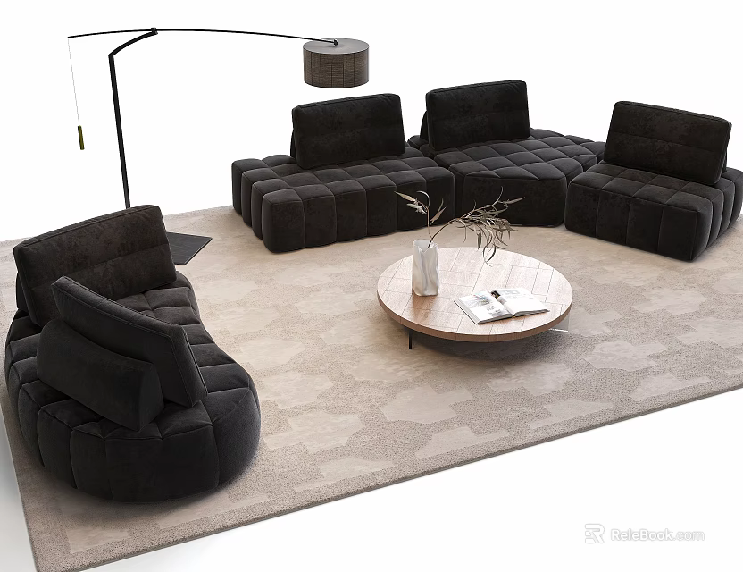 Black Modular Sofa and Round Coffee Table Set with Magazine Vase Lamp and Modern Carpet 3d model 
