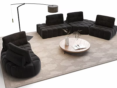 Black Modular Sofa and Round Coffee Table Set with Magazine Vase Lamp and Modern Carpet 3d model