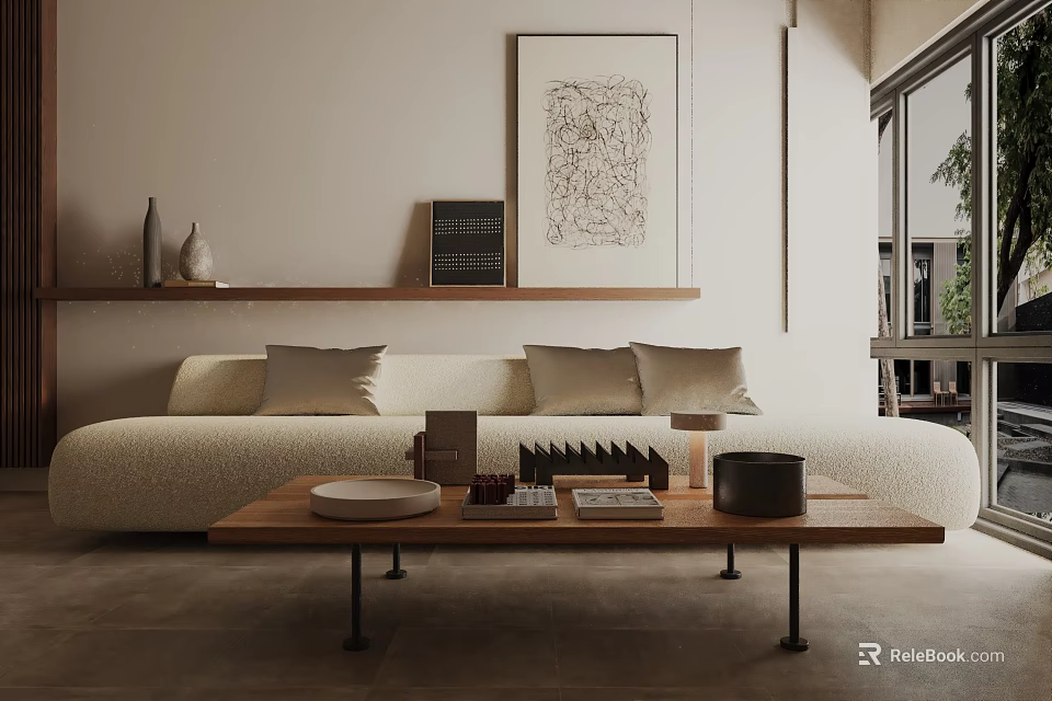 Modern Living Room Interior With Three Seater Sofa Coffee Table Cushions Artwork And Shelf Decor 3d model 