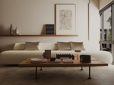 Modern Living Room Interior With Three Seater Sofa Coffee Table Cushions Artwork And Shelf Decor 3d model