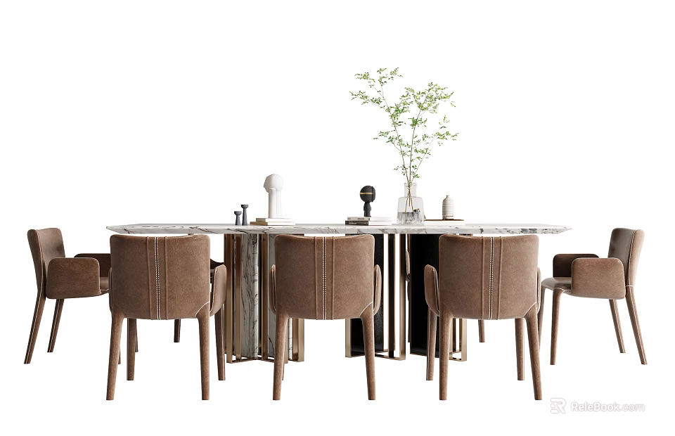 Elegant Modern Dining Table Set With Round Marble Top And Upholstered Brown Chairs 3d model