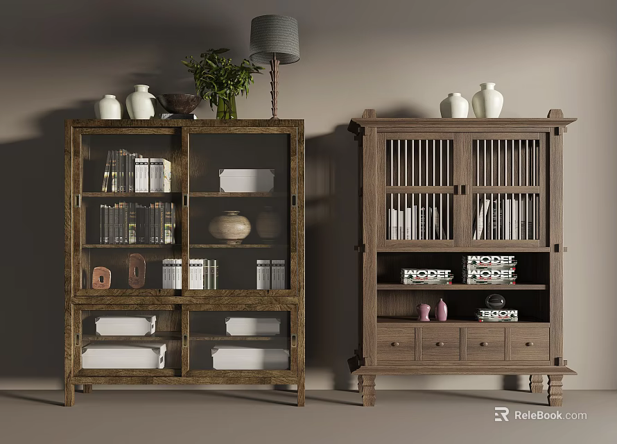 Classic Wooden Decorative Cabinets With Glass Doors Books Vases Decor And Top Green Plants Lamp 3d model 