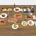 Assorted Food Platter With Steak Sliced Meat Salad Bread And Sauces On Wooden Table