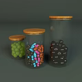 Decorative Ceramic Jars With Wooden Lids In Three Sizes Filled With Colorful Candies