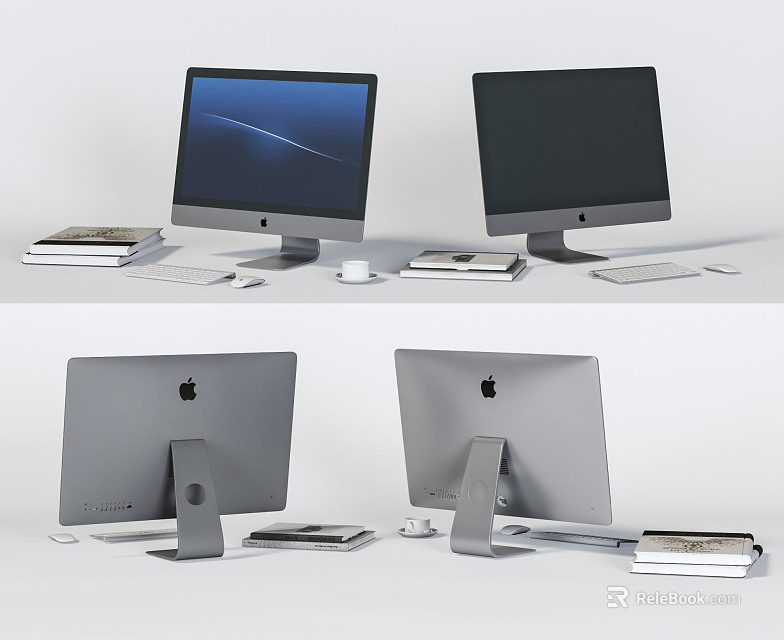Two Silver Apple iMac Computers with Mouse Keyboard and Books on Desk 3d model 
