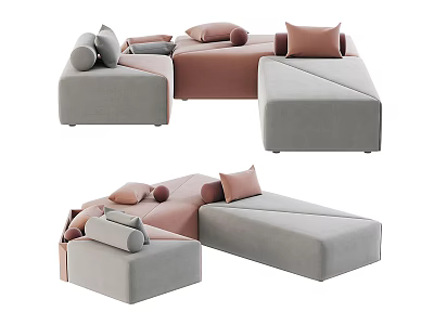 Modern Modular Multi Seater Sofa With Gray And Pink Cushions For Stylish Living Room Arrangement 3d model