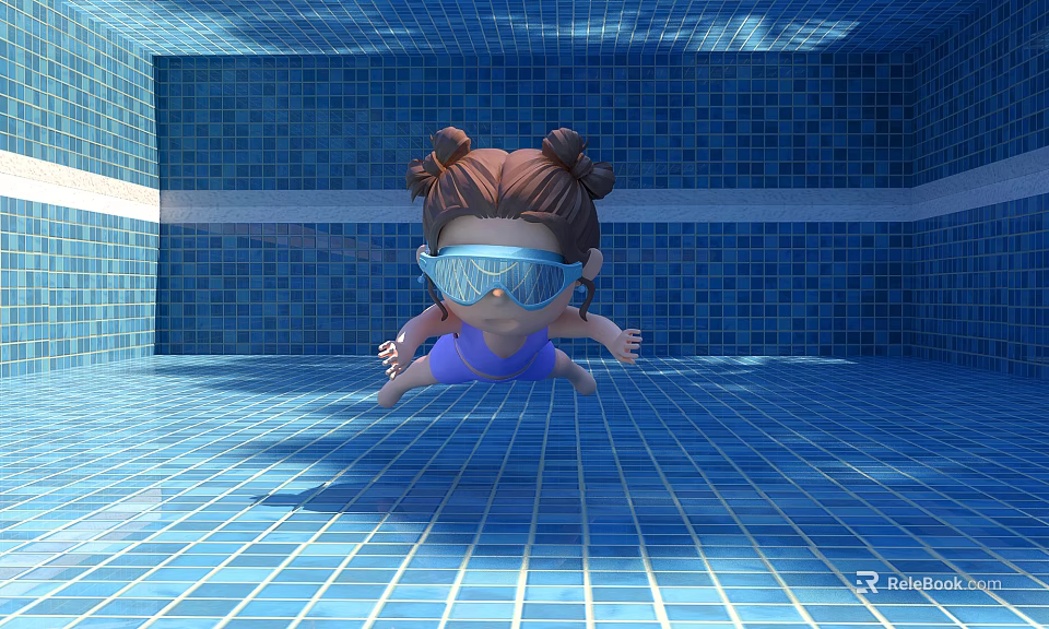 Cartoon Girl With Bun Hairstyle Wearing Swim Goggles In Blue Tile Swimming Pool 3d model 