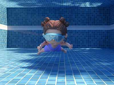 Cartoon Girl With Bun Hairstyle Wearing Swim Goggles In Blue Tile Swimming Pool 3d model