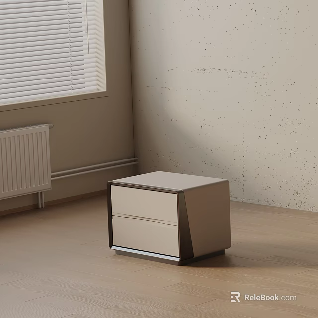 Modern Nightstand with Two Drawers Light Colored Design in Minimalist Bedroom with Wooden Floor 3d model 