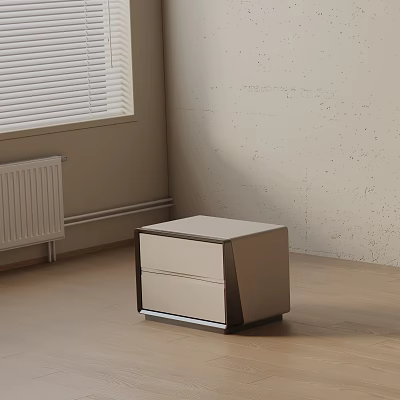 Modern Nightstand with Two Drawers Light Colored Design in Minimalist Bedroom with Wooden Floor 3d model