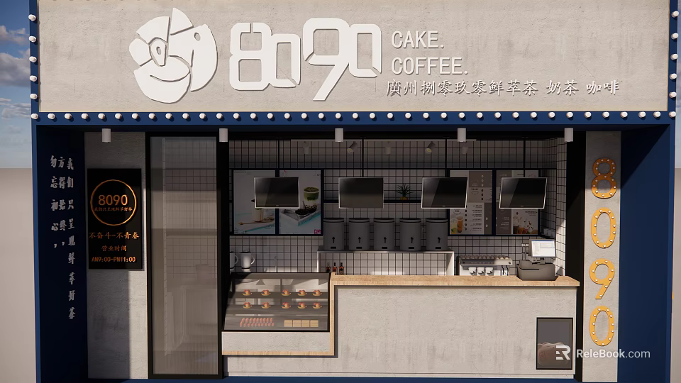 Modern 8090 Milk Tea Shop With Cake Coffee And Display Counter 3d model 