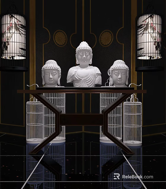 Dark Wooden Console Table with Three White Buddha Statues White Birdcages and Gold Decorative Patterns on Dark Background 3d model 