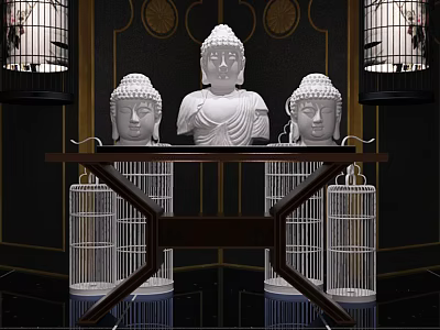 Dark Wooden Console Table with Three White Buddha Statues White Birdcages and Gold Decorative Patterns on Dark Background 3d model