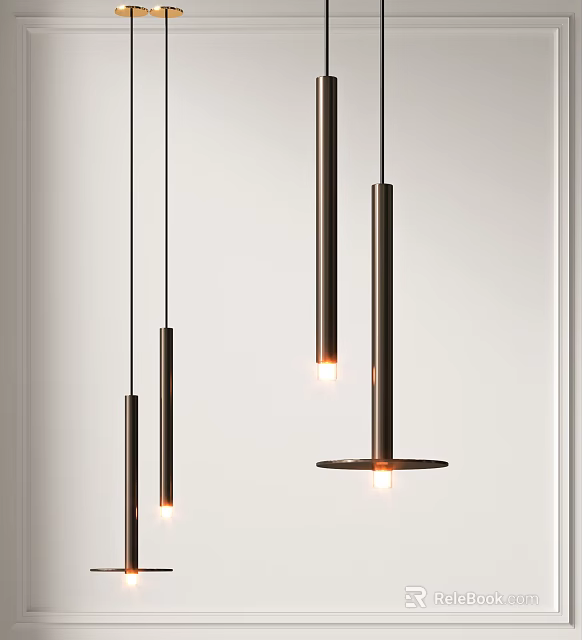 Modern Interior Featuring Multiple Cylindrical Metal Pendant Lights With Warm Glow 3d model 