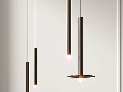 Modern Interior Featuring Multiple Cylindrical Metal Pendant Lights With Warm Glow 3d model