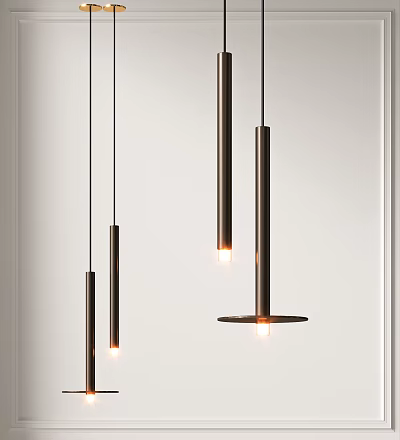 Modern Interior Featuring Multiple Cylindrical Metal Pendant Lights With Warm Glow 3d model