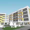 Modern School Building With Yellow White Facade Green Lawns And Trees On Campus Square