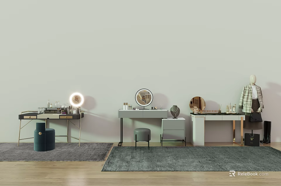 Modern Minimalist Dressing Tables Interior Design With Mirrors Stools And Rugs 3d model
