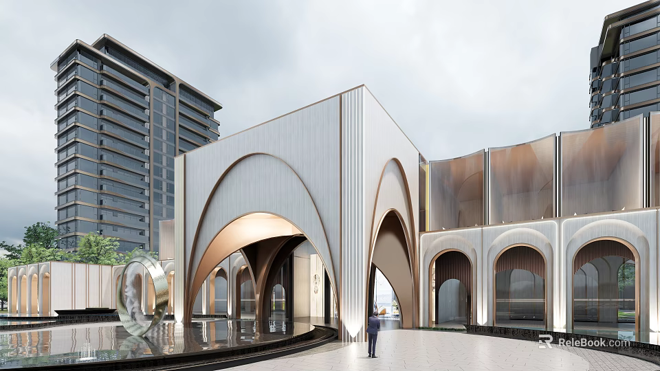 Modern Building Exterior With Curved Arches Water Feature Sculpture In Open Plaza High Rise Background 3d model 